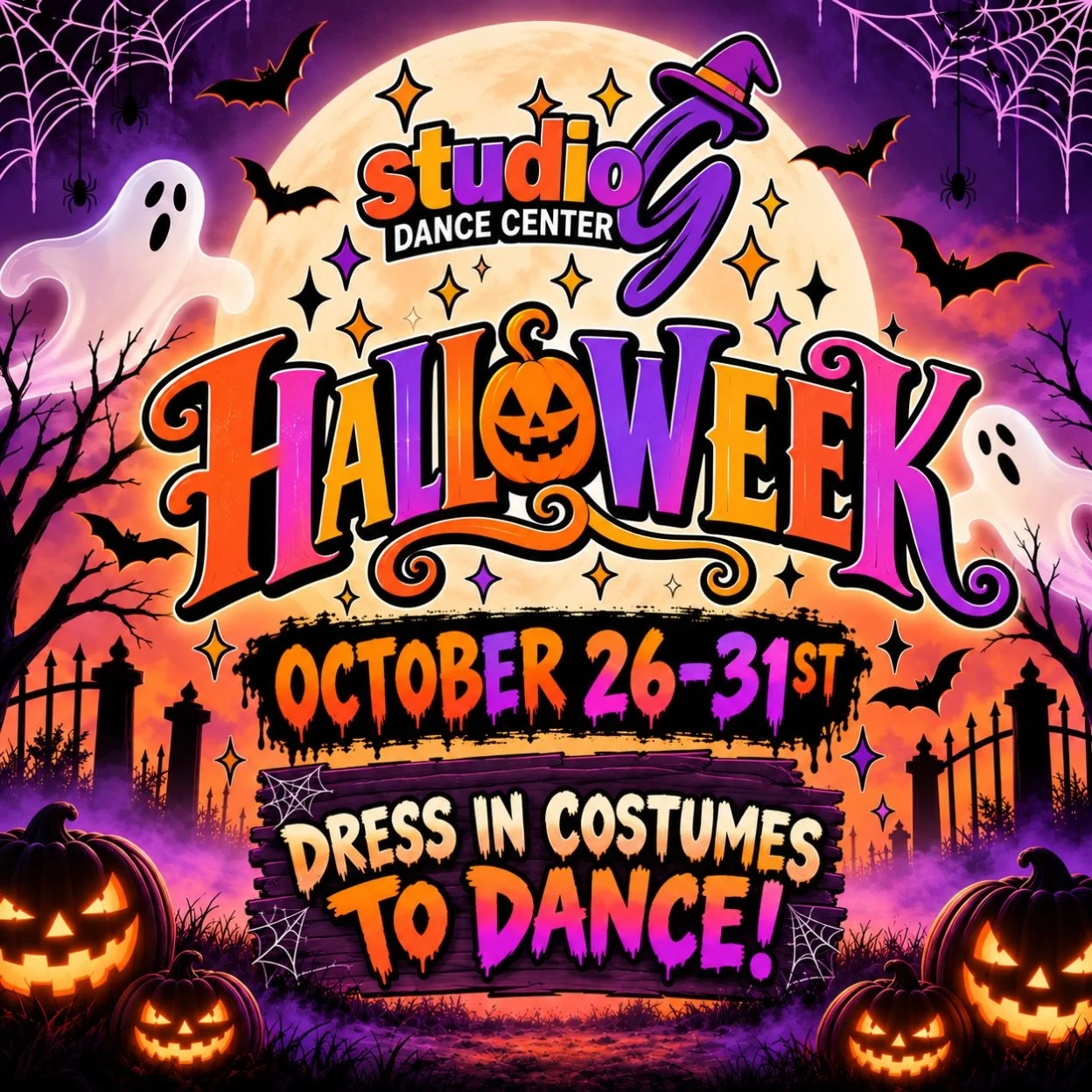 🎃👻 IT&rsquo;S TIME FOR HALLOWEEK AT STUDIO G! 🕸️🦇

Get ready for a SPOOKTACULAR week of dancing! 💜🧡

October 26th&ndash;31st, dancers are invited to wear their favorite Halloween costumes to class! From spooky to silly, we can&rsquo;t wait to s