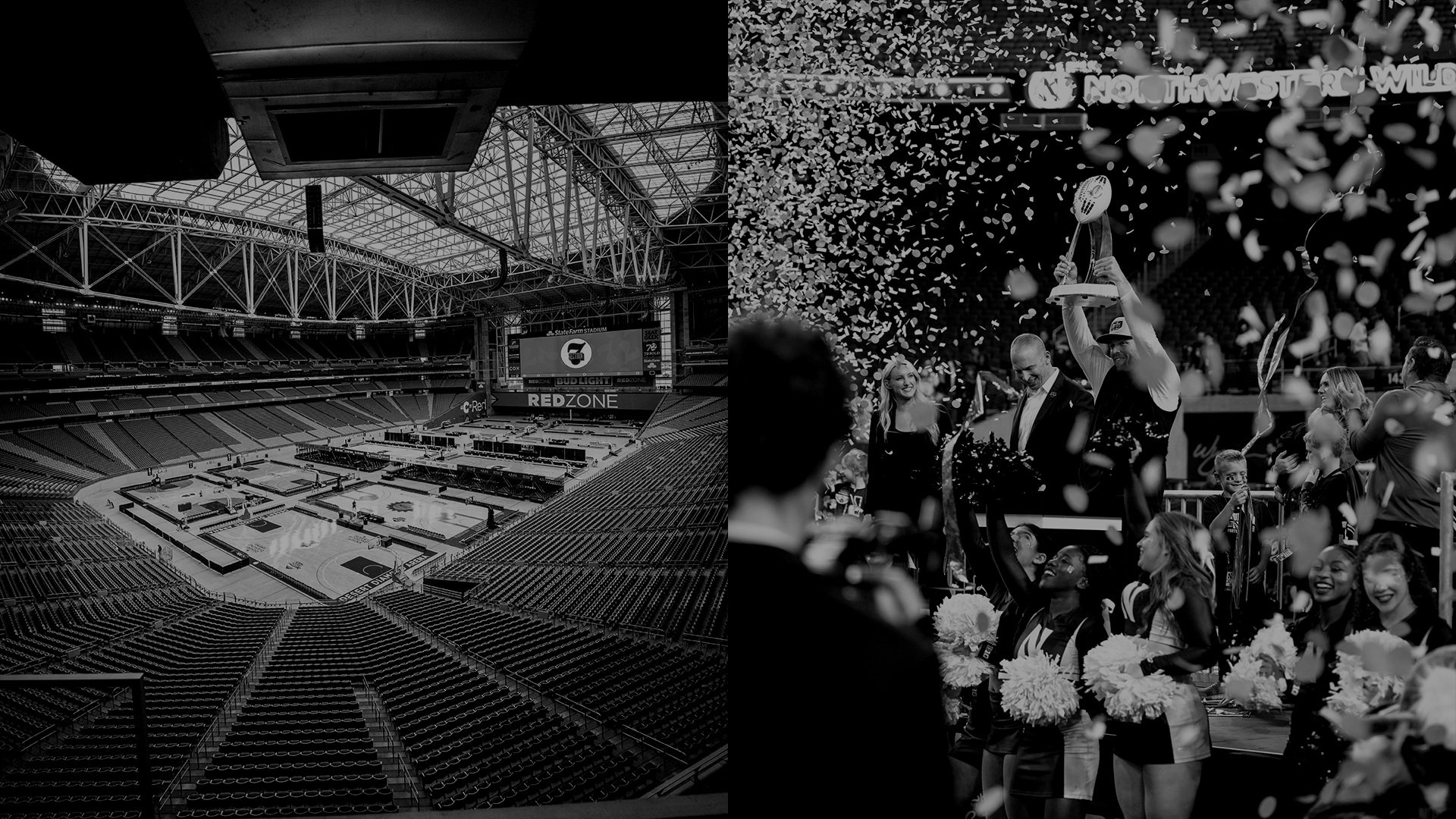 The image is divided into two sections. The left side features an empty indoor basketball stadium with a high, glass ceiling and a large screen displaying the words "RED ZONE." The right side shows a celebration with a group of diverse people, including children, celebrating with confetti and a trophy; some are smiling and holding flowers.