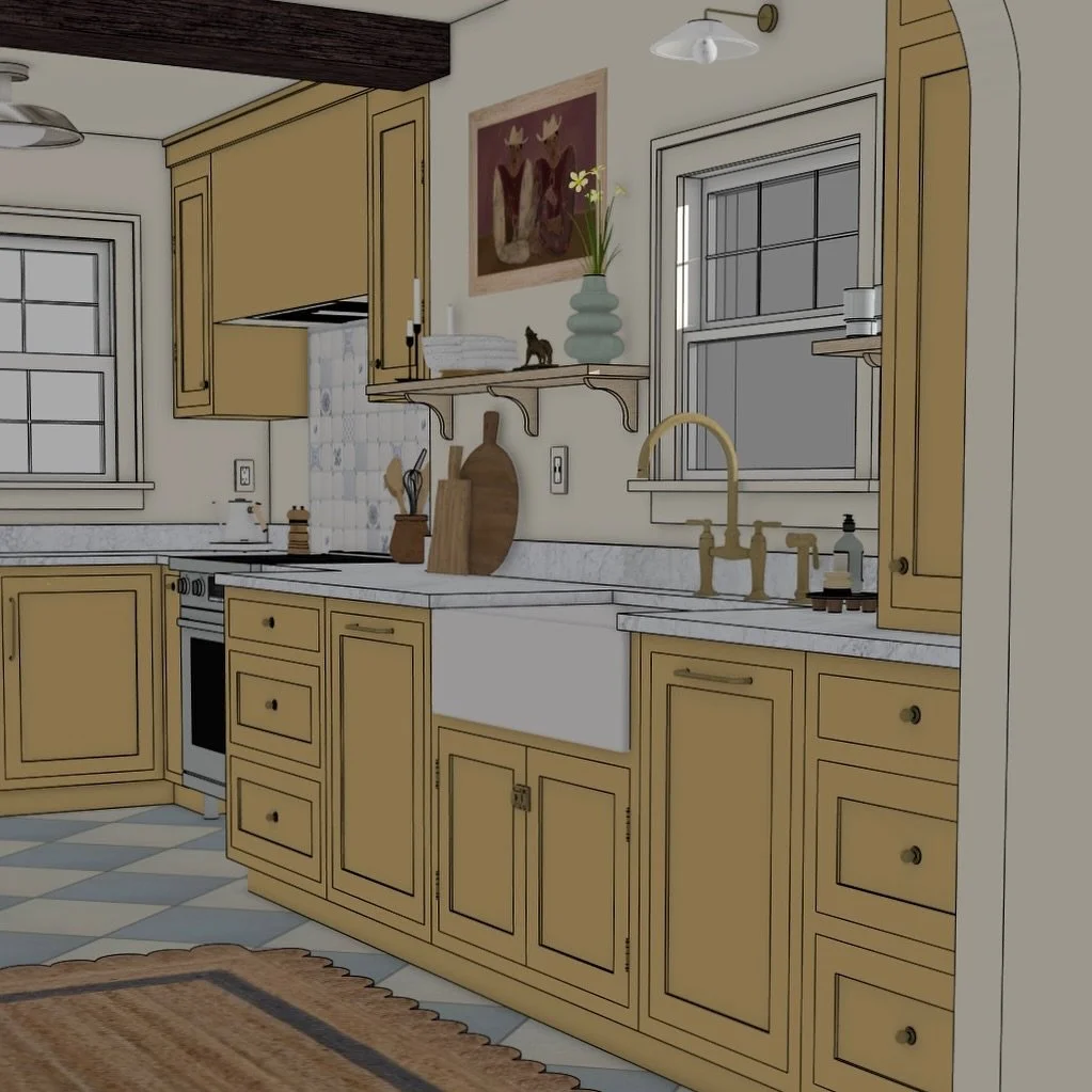 A little peak at how the plans have been developing for the 1932 California Tudor kitchen remodel. This one’s going to be SO fun. Digitally, we’ve been using @farrowandball Sudbury Yellow as our cabinet color of choice. We just took our f