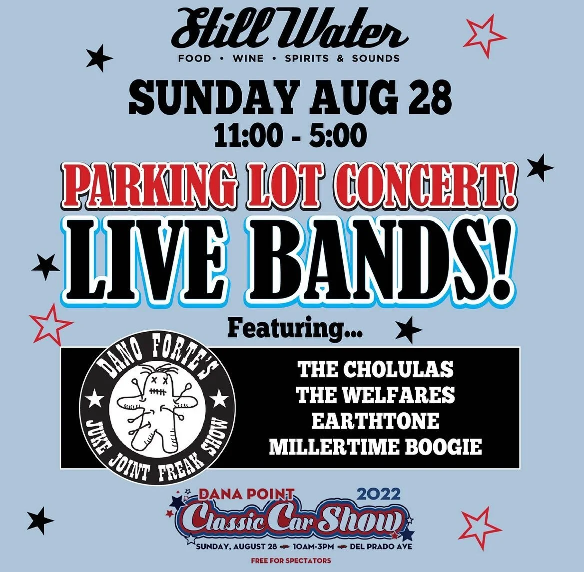 Sunday aug 28th
10-5 @stillwaterdp 
Car Show
Parking lot concert!
Come check us out!