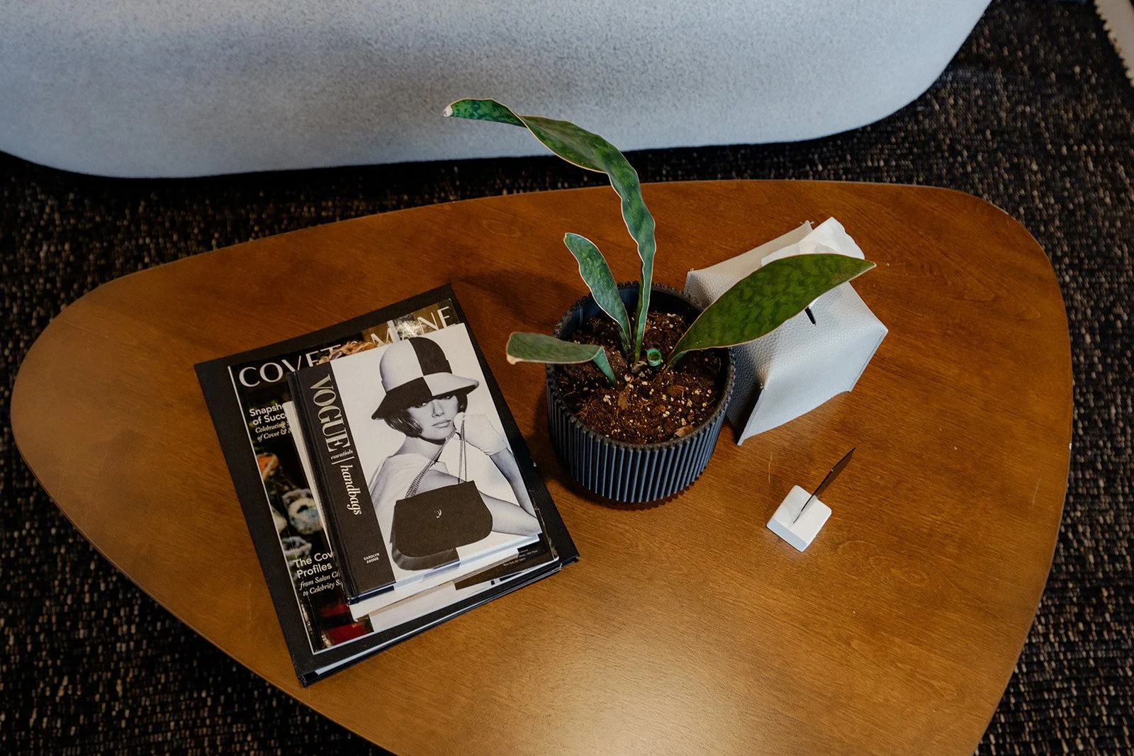 Books on table in entrance of hair salon.