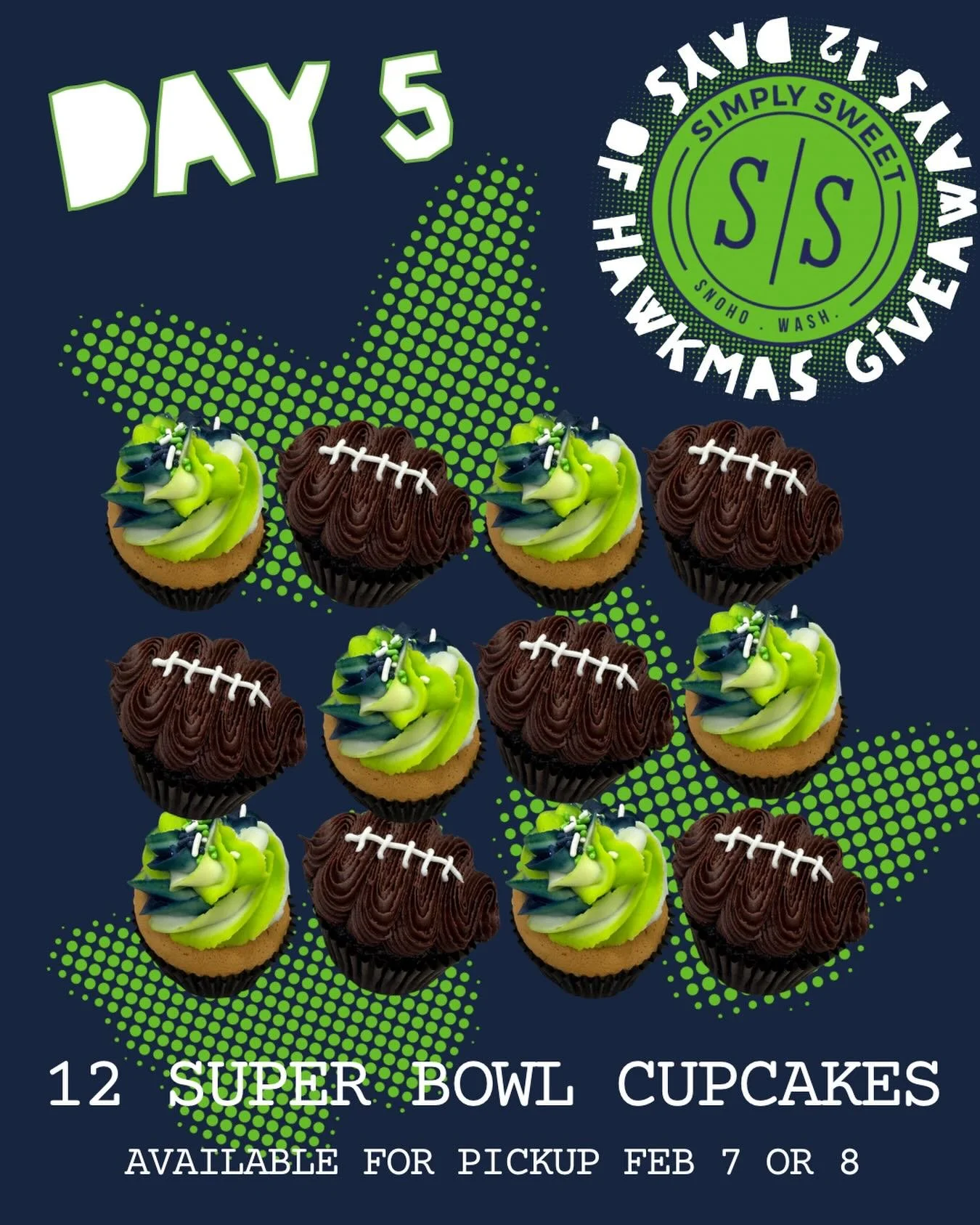 &ldquo;What&rsquo;s a Super Bowl commercial you&rsquo;ll never forget&rdquo;

For day 5 of Hawkmas, you can enter to win 12 Super Bowl cupcakes! These will be available to pick up on February 7th or 8th.

To enter, just comment your answer to the que