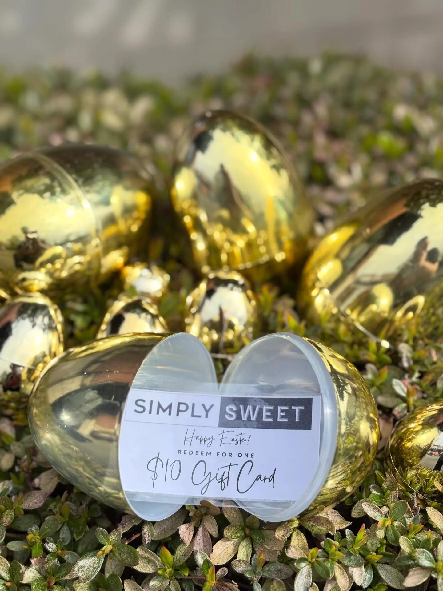 Join us Saturday April 4th for a Simply Sweet Easter Egg Hunt!! 🐣 

Golden eggs will be hidden inside and outside of the shop, each filled with a special discount or coupon that can be used for all same day in store purchases!