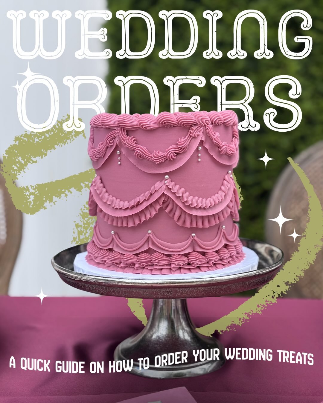 Wedding orders 101, class is in session! 

These are the basic steps to take if you&rsquo;re wanting to place your wedding order with us but don&rsquo;t know where to start. More info and details can be found on our website!!