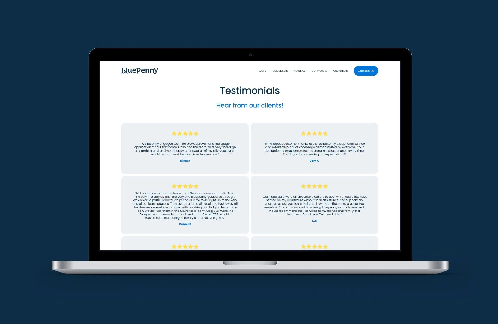 Laptop displaying Bluepenny's testimonials page with client reviews and ratings.