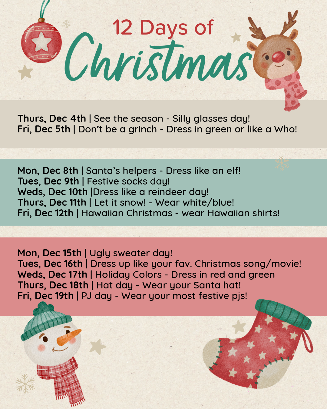 12 Days of Christmas Dress up Days