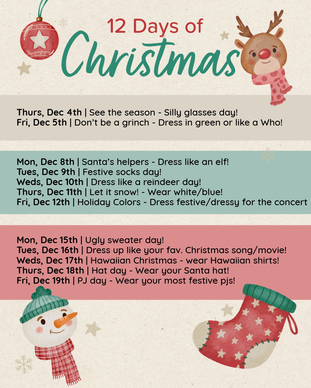 12 Days of Christmas Dress up Days