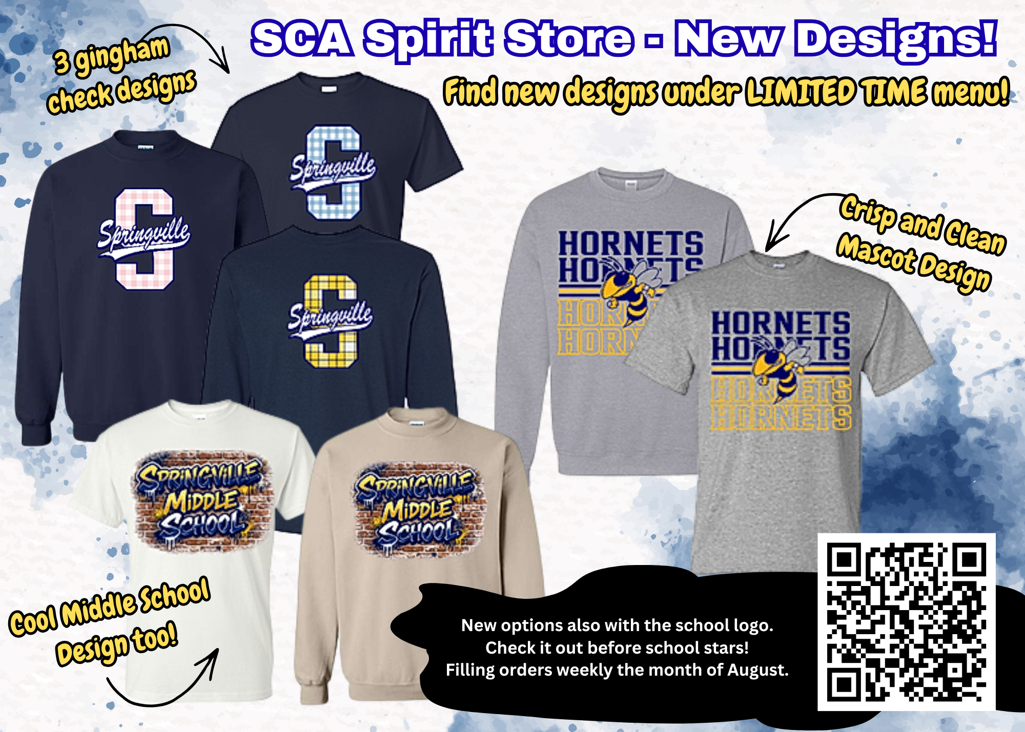SCA Spirit Store - New Designs! Find new designs under LIMITED TIME menu. 3 gingham check designs, crisp and clean mascot design, and a cool middle school design, too! New options also with the school logo. Filling orders weekly the month of August.