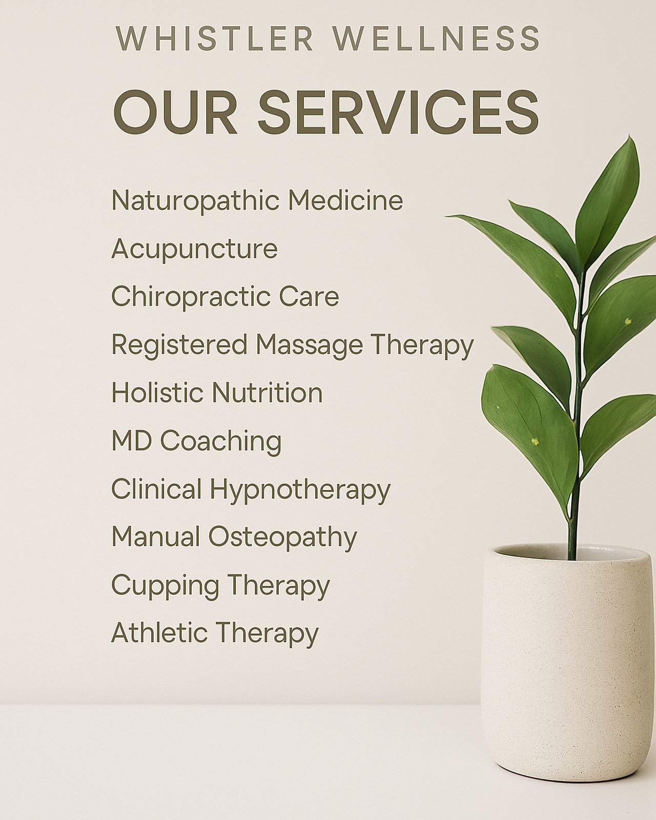 ✨ Whistler Wellness ✨
Your one-stop destination for whole-body care in the heart of Whistler.

Our integrative services include:
🌱 Naturopathic Medicine
🧘 Acupuncture
🦴 Chiropractic
💆 RMT Massage Therapy
👐 Manual Osteopathy
🌀 Clinical Hypnother
