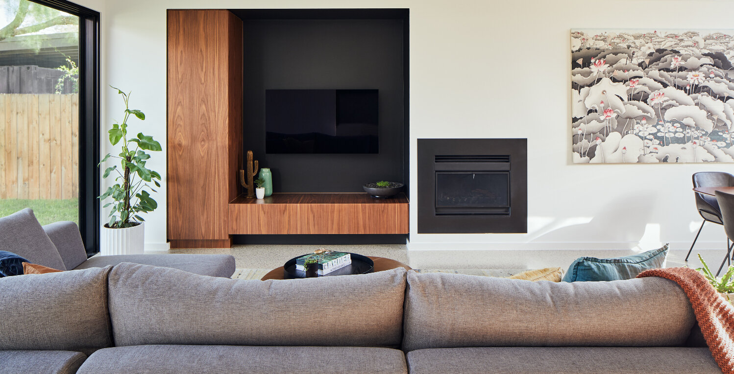 Living room with inbuilt cabinetry Yarraville renovation