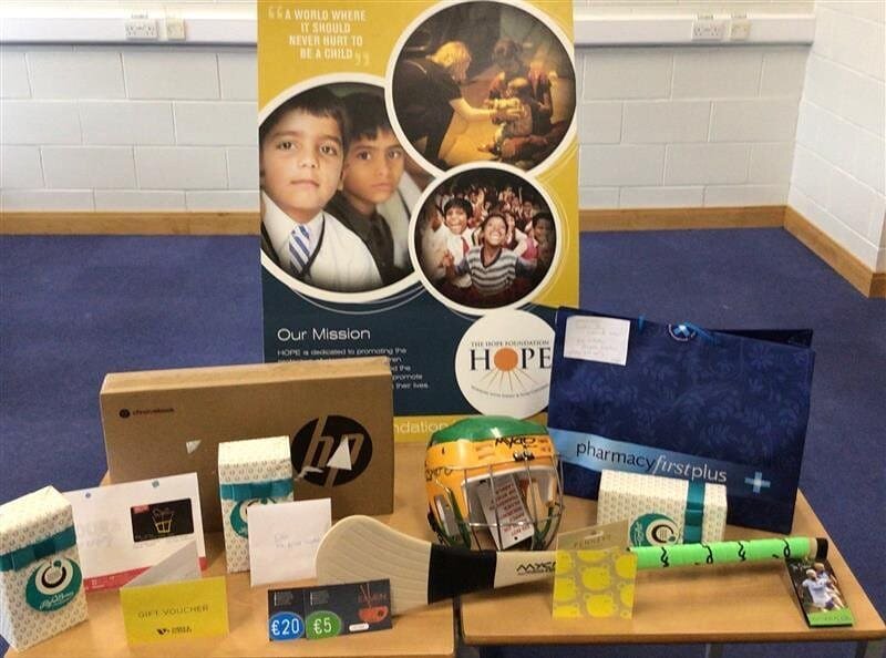 Well done to all TY and 3rd Year students that organised and planned the Hope raffle. &euro;2000 was raised. Thank you so much for all the donation prizes and ticket purchases. Prize winners:
Margaret Cotter chrome book
Heather Mischke one for all
Ka