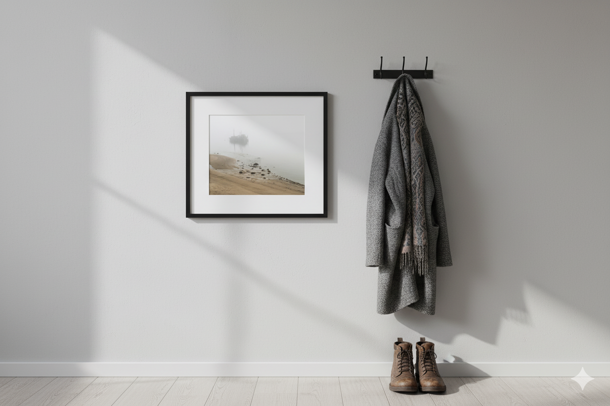 Une photo encadrée suspendue au mur, une veste et une écharpe accrochées à un porte-manteau, une paire de bottines en cuir sur le sol en bois clair.