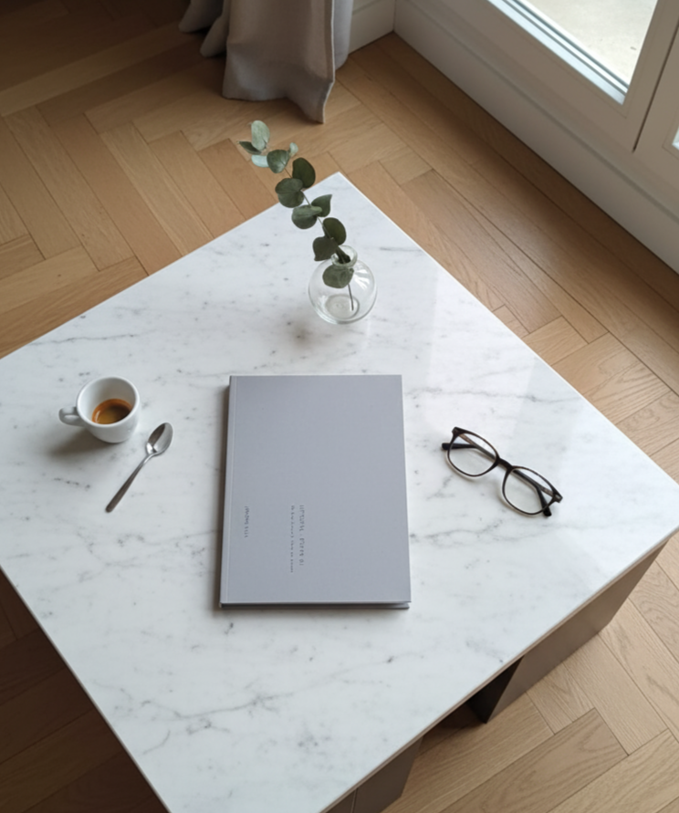 Table en marbre blanc avec un cahier, une tasse de café, une cuillère, des lunettes et un vase avec des feuilles de eucalyptus, près d'une fenêtre.