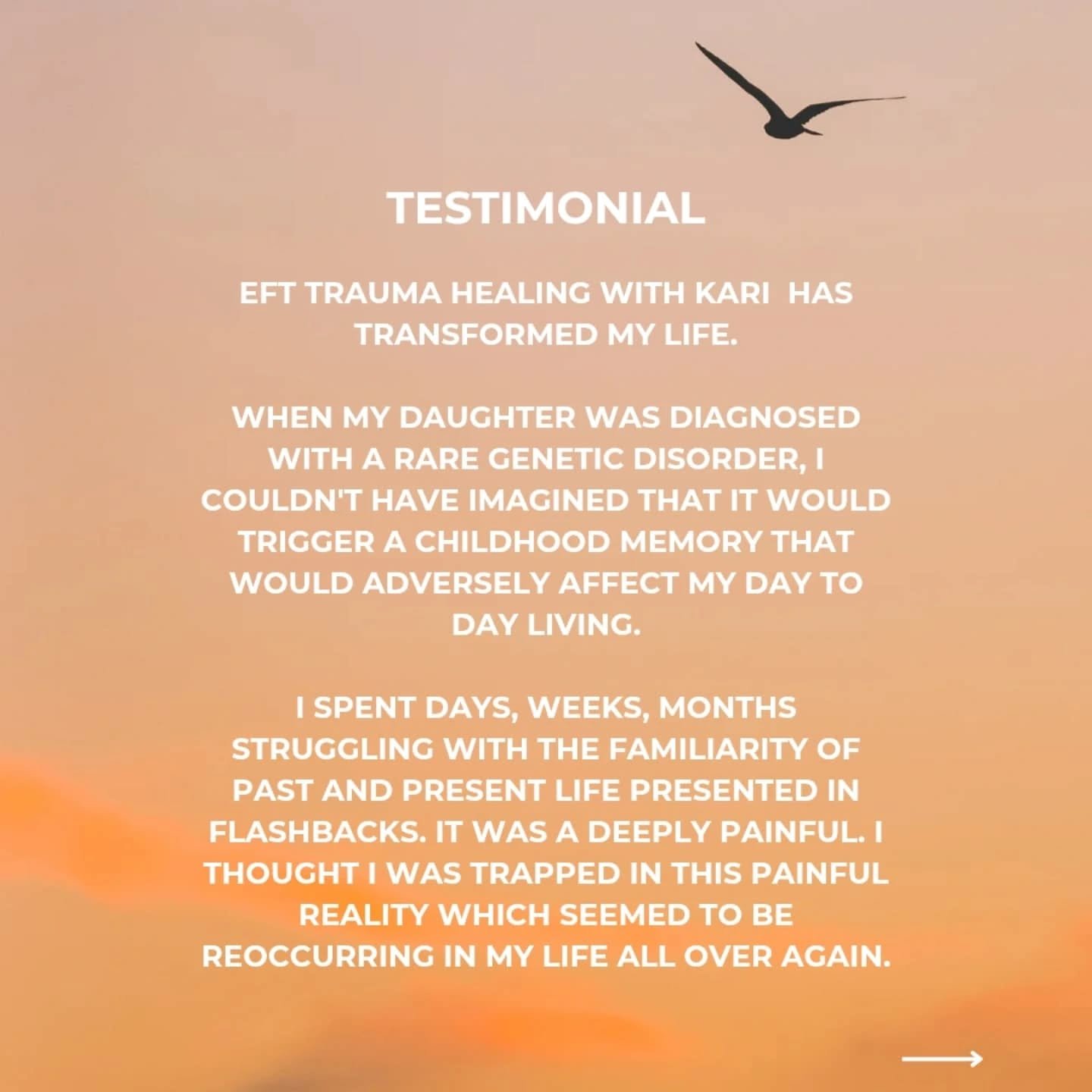 A beautiful testimonial from one of my lovely EFT Tapping clients.

This is powerful work, and I feel to honoured to walk with those who choose to begin their healing and expansion.

I'm opening up a few 1-to-1 online slots. You can book through my w