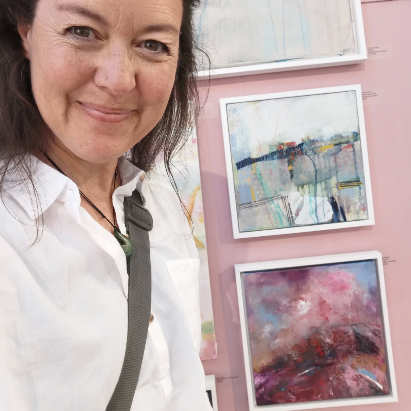 Can you see how happy it makes me to see my art on the wall (mine is the pink one)! It's particularly lovely to be exhibiting here at the prestigious @stivessociety and what a show it is. So many incredible pieces of work. Well worth popping by, it's