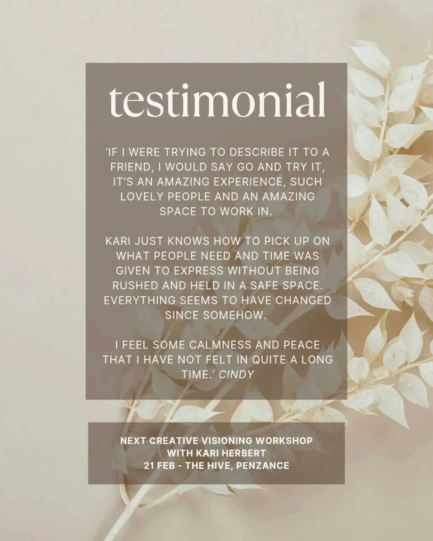 A lovely testimonial from my last creative visioning workshop...

'If I were trying to describe it to a friend, I would say go and try it, it's an amazing experience, such lovely people and an amazing space to work in.

'Kari just knows how to pick u