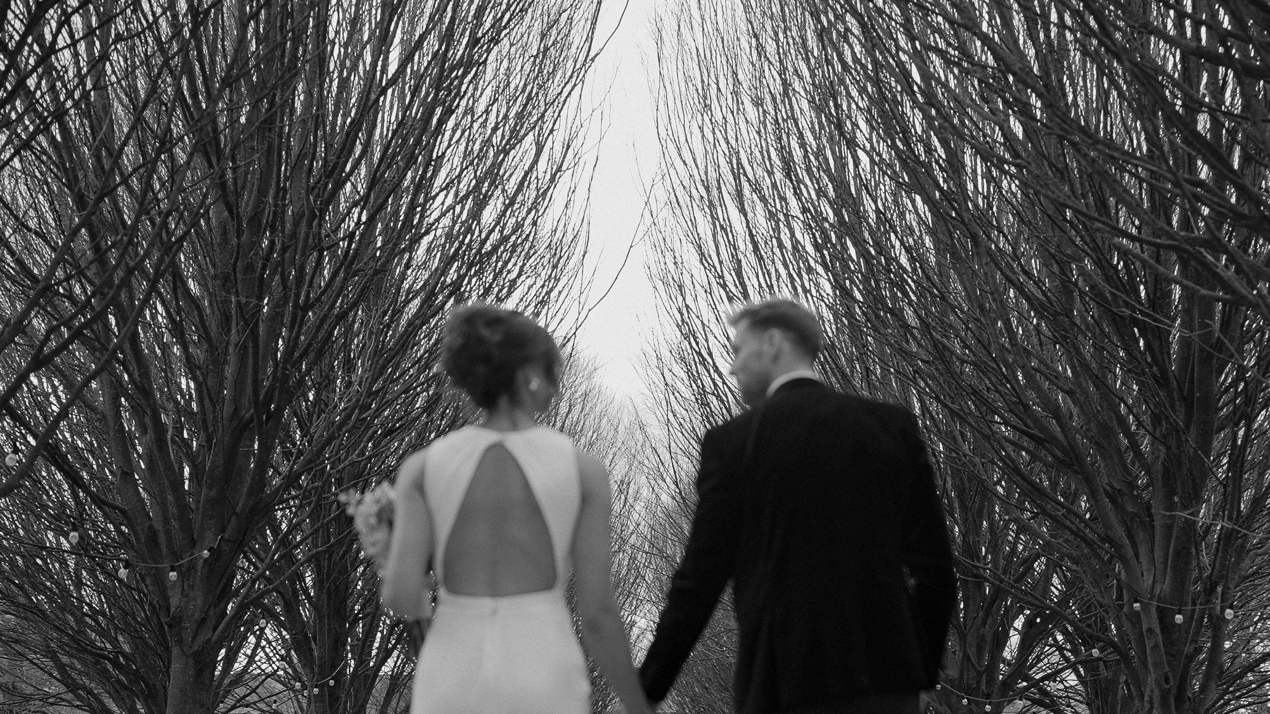 Bride and groom walking away hand in hand under bare trees at Barberstown Castle, black and white