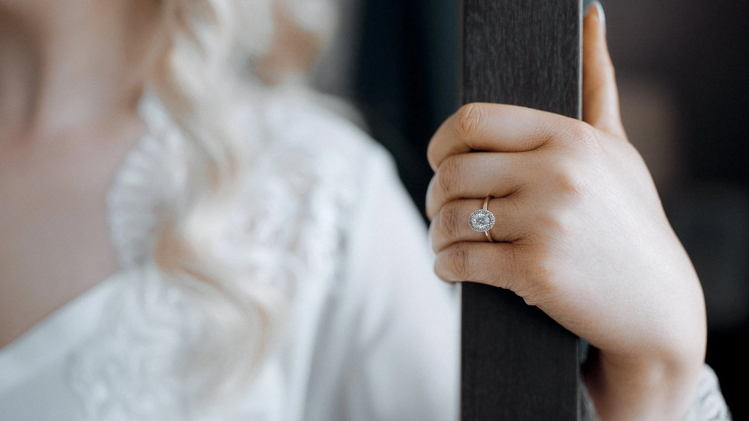 Close-up of the bride's oval engagement ring on the morning of her Armada Hotel wedding in Spanish Point