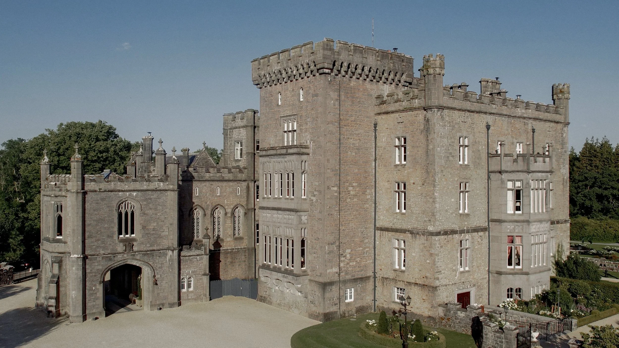 Aerial view of Markree Castle wedding venue in Collooney, Co. Sligo on a sunny summer day