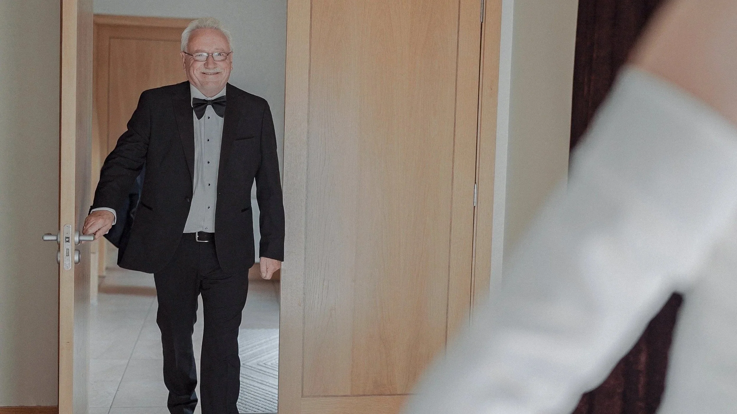 Father of the bride seeing his daughter in her dress for the first time at Farnham Estate, Cavan