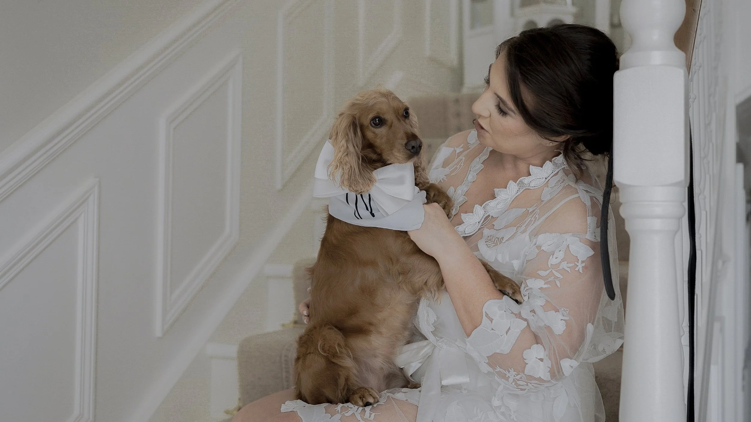 Bride in a lace robe holding her cocker spaniel wearing a white bow on the wedding morning, Kilkea Castle wedding