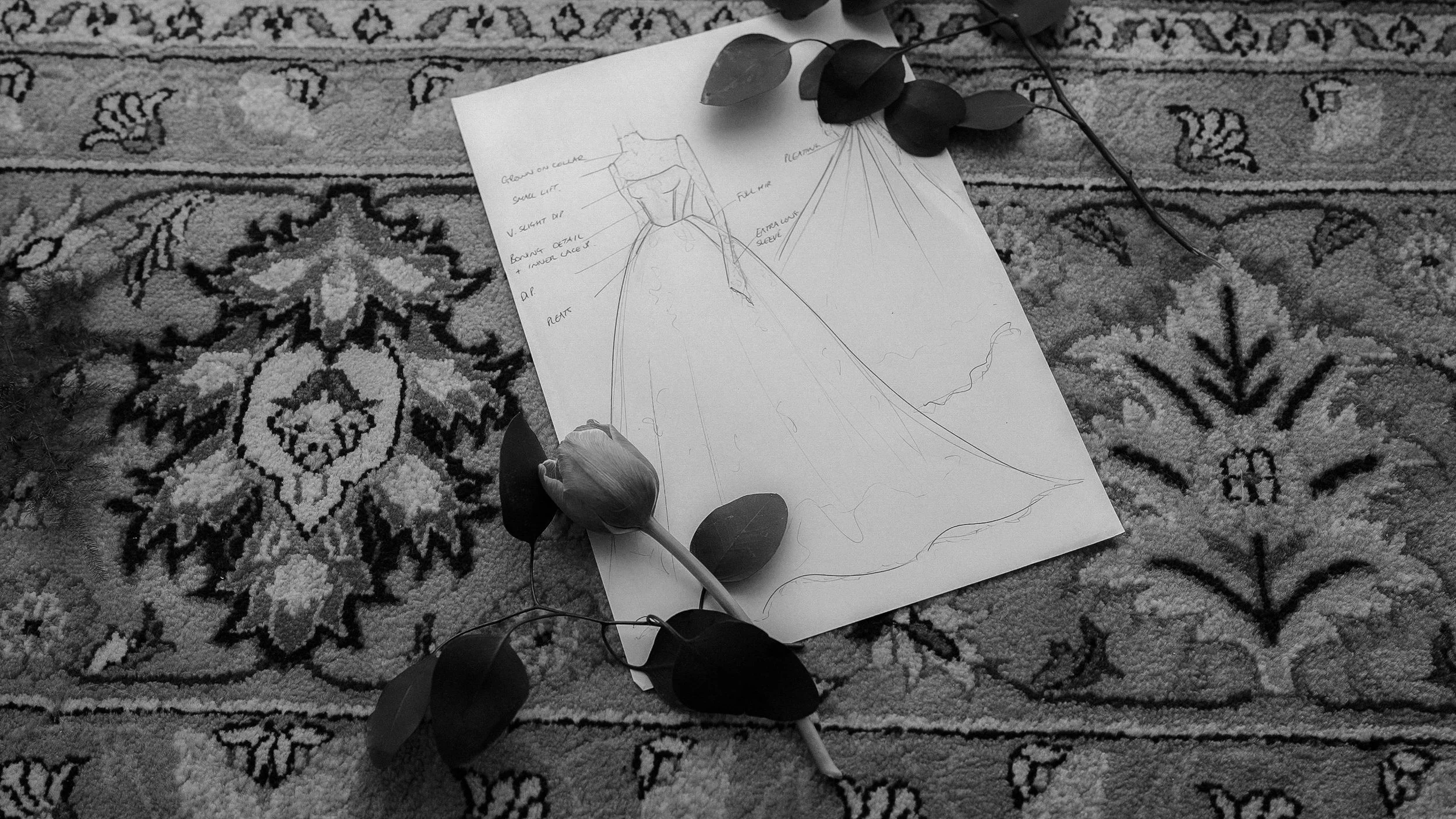 Pencil sketch of the bride's wedding gown with a tulip, Kilkea Castle wedding morning