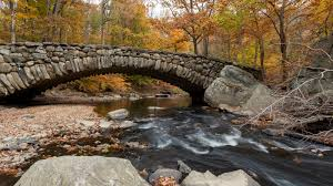 Stone arch bridge over a flowing river with autumn trees in the background.