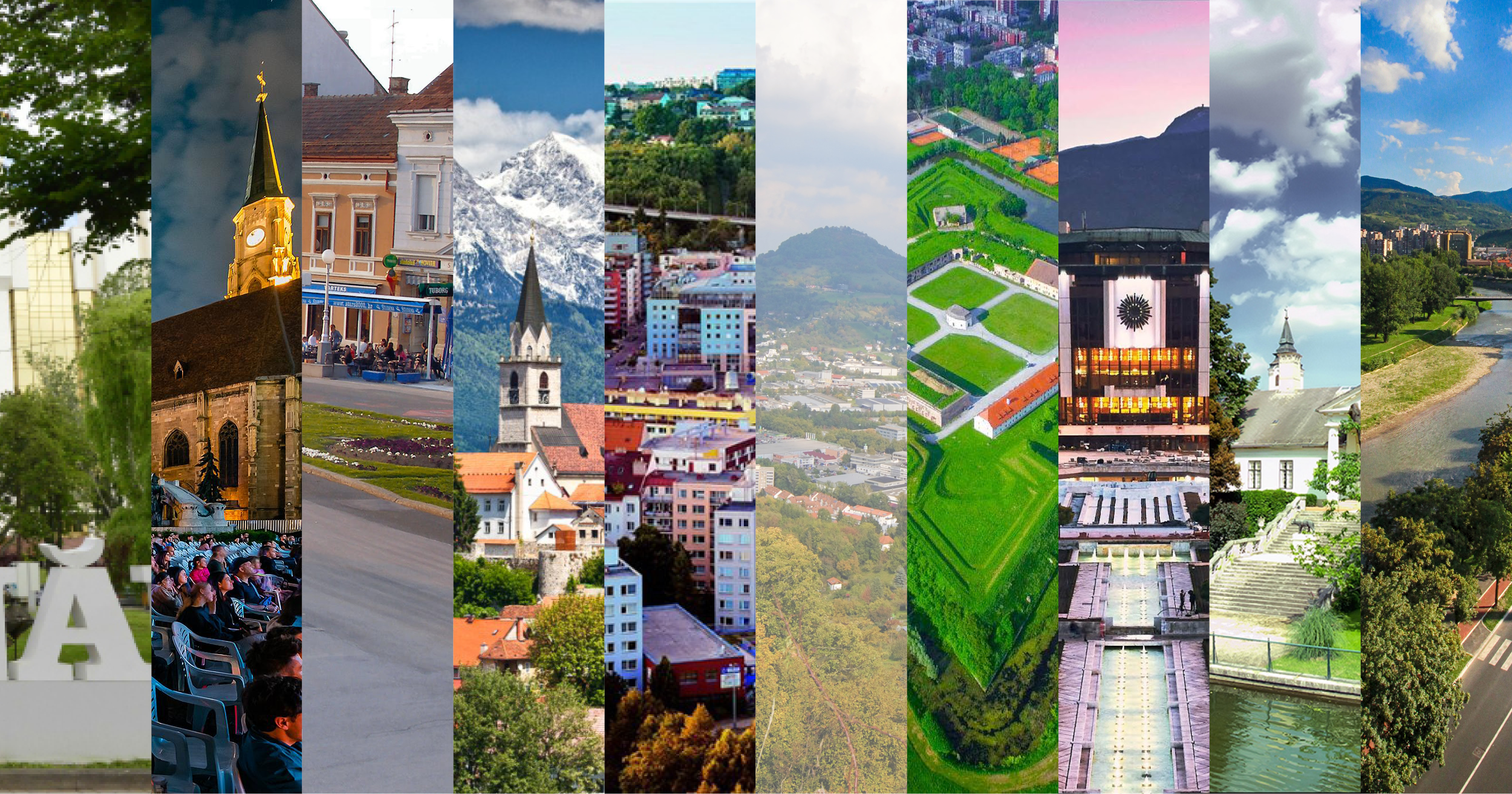 Collage of various cityscapes and landmarks including a church, mountain, park, residential area, and urban architecture.