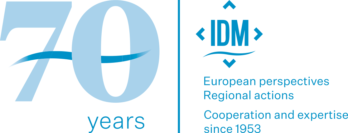 Logo celebrating 70 years of IDM, European perspectives, regional actions, cooperation and expertise since 1953.