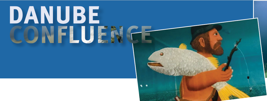 Illustration of a man fishing with the words "Danube Confluence" in the background.