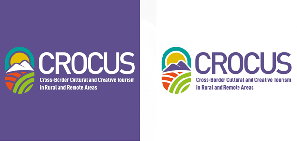 Comparison of two versions of the Crocus logo for Cross-Border Cultural and Creative Tourism in Rural and Remote Areas, featuring a stylized landscape with a sunrise, mountains, and fields.