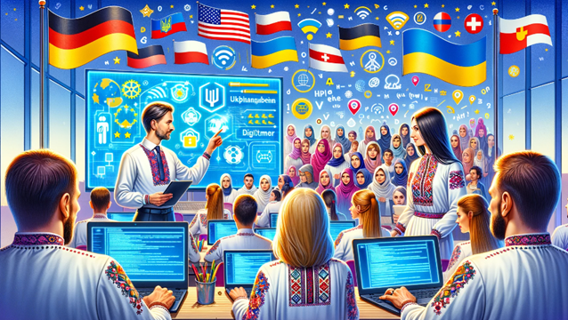 A diverse group of people in traditional Ukrainian clothing attending a digital technology presentation with flags from multiple countries in the background.