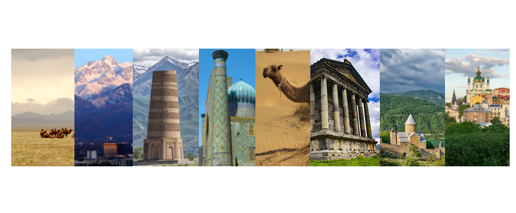 Collage of travel destinations including a desert with animals, snow-capped mountains, a historic tower, mosque minarets, a camel in desert, ancient Greek ruins, a church with domes, and a castle on a hill.