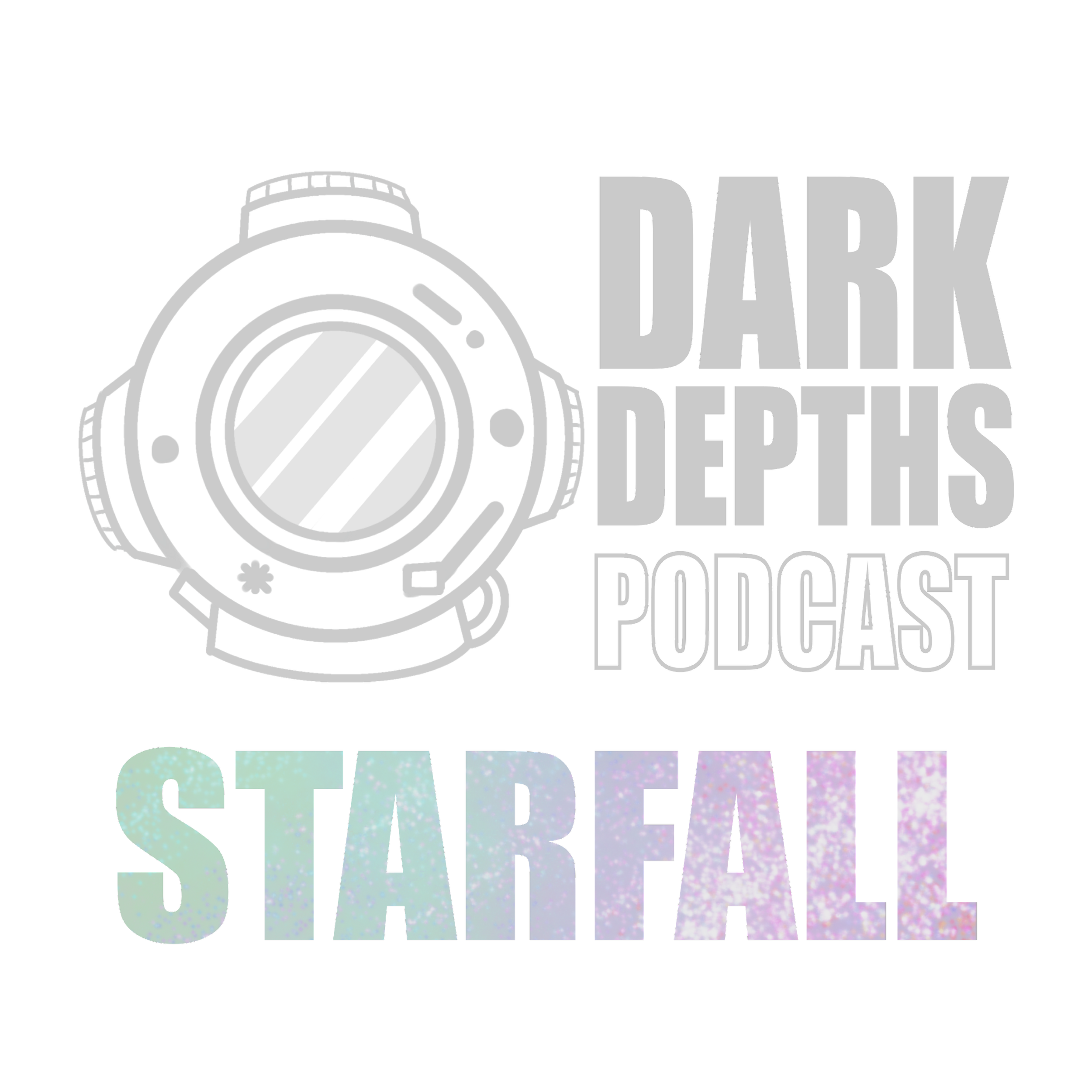 Illustration of a deep-sea diver helmet with a cracked visor, featuring the text 'Dark Depths Podcast Season 1' in bold white letters. The design has a dark, mysterious color scheme with red and purple hues.