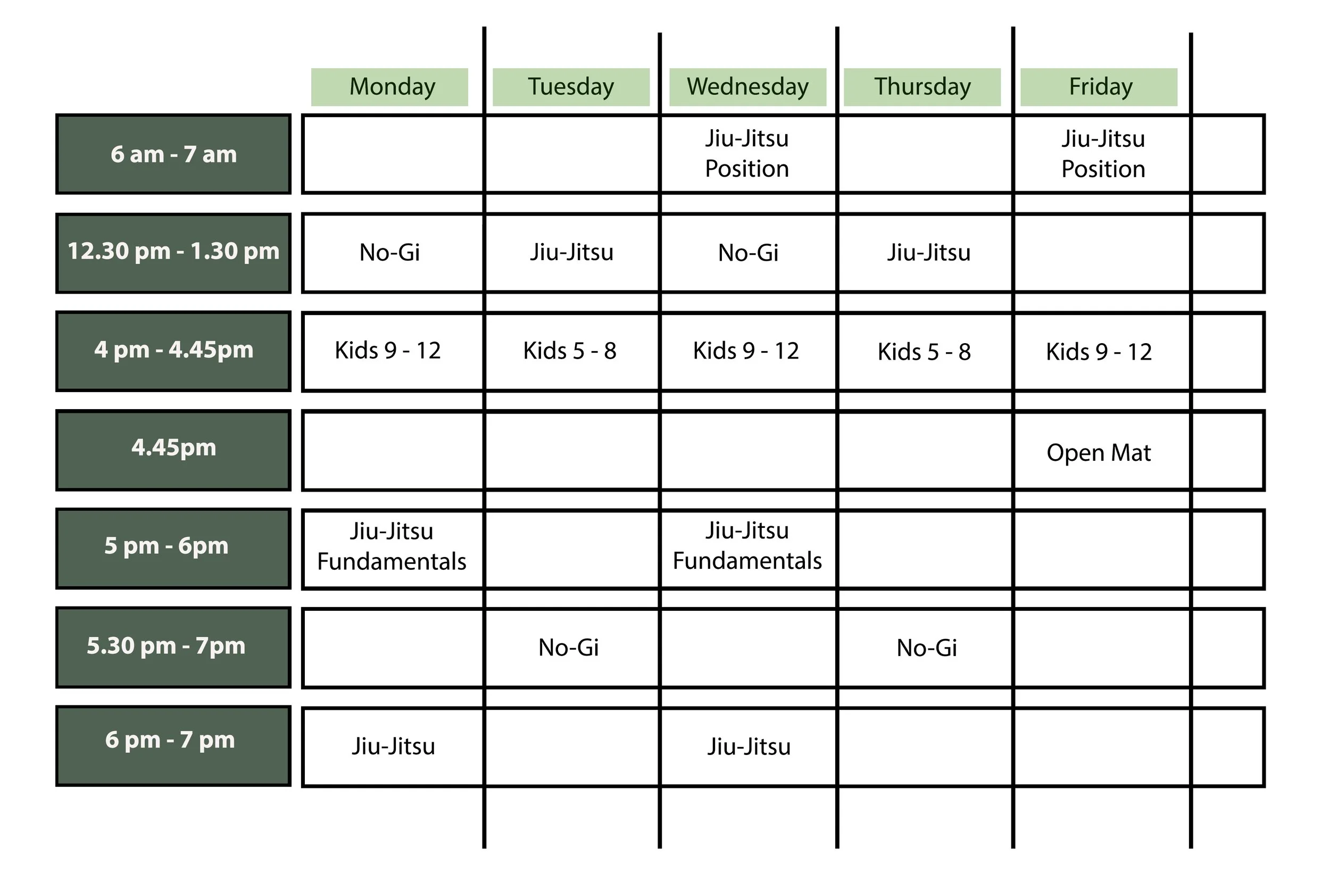 Weekly martial arts schedule with time slots from 6 am to 7 pm, Monday through Friday, including activities like Jiu-Jitsu, No-Gi, Kids classes, and Fundamentals.