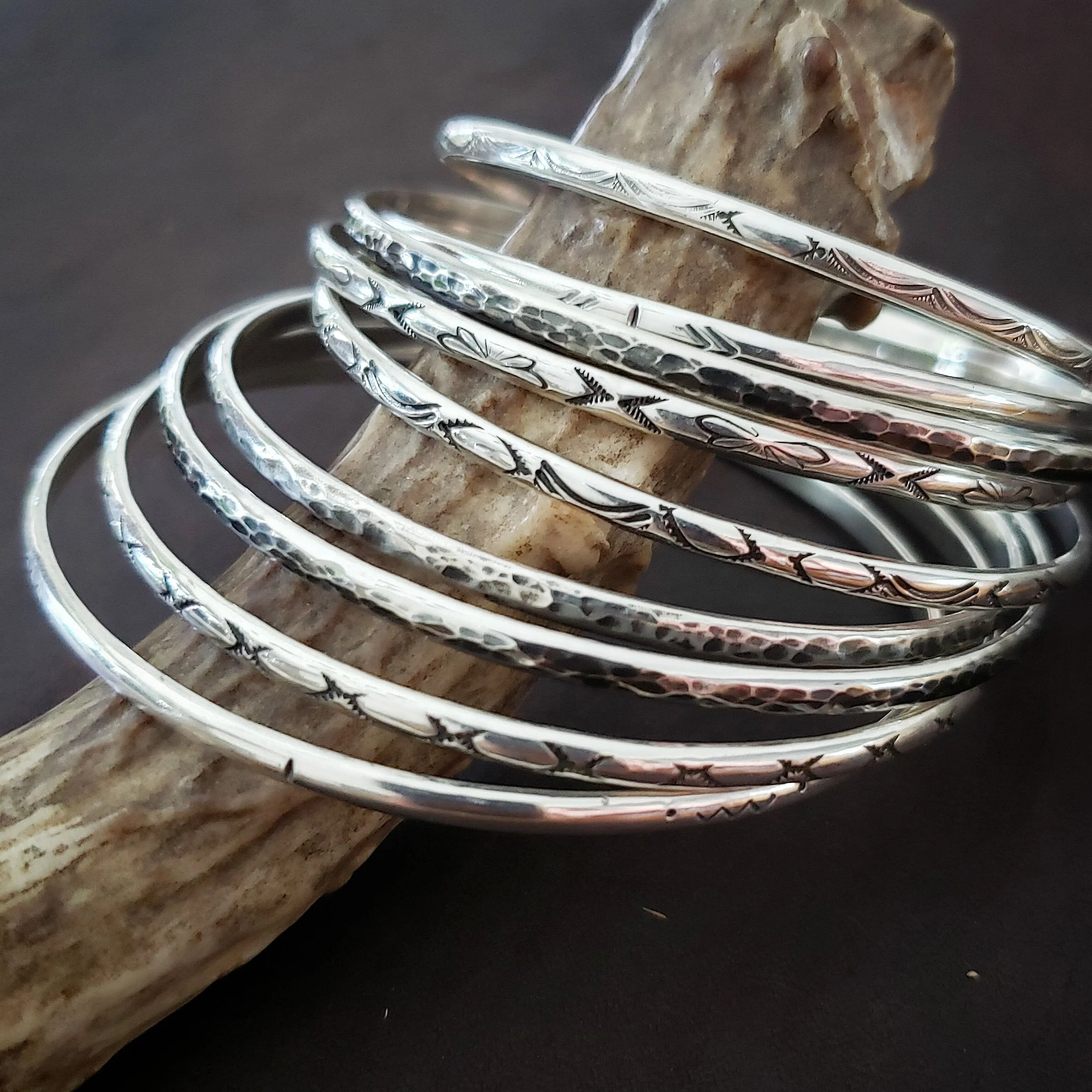 hand-stamped silver bangle bracelets