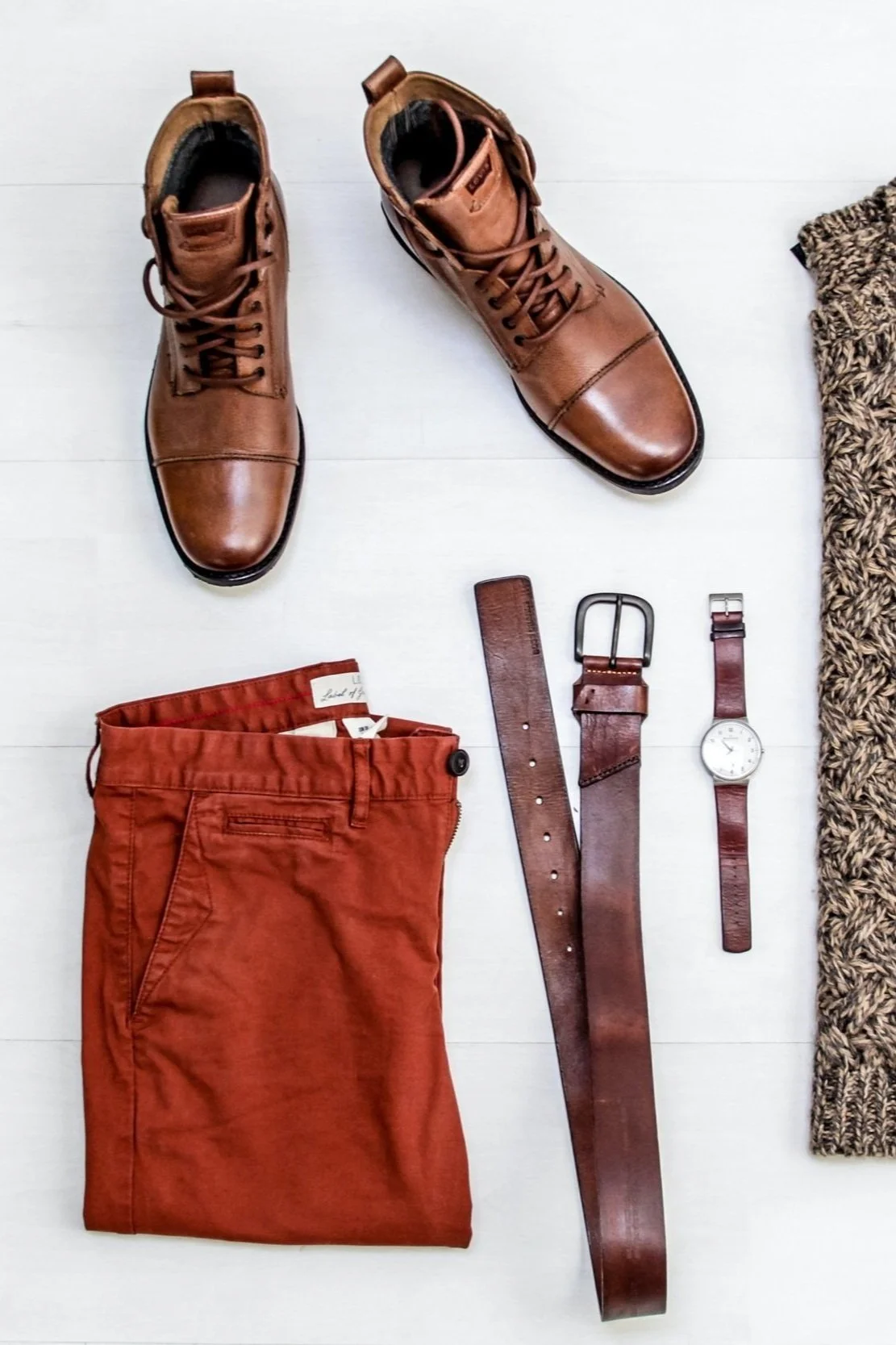 shoes, pants, belt, and watch