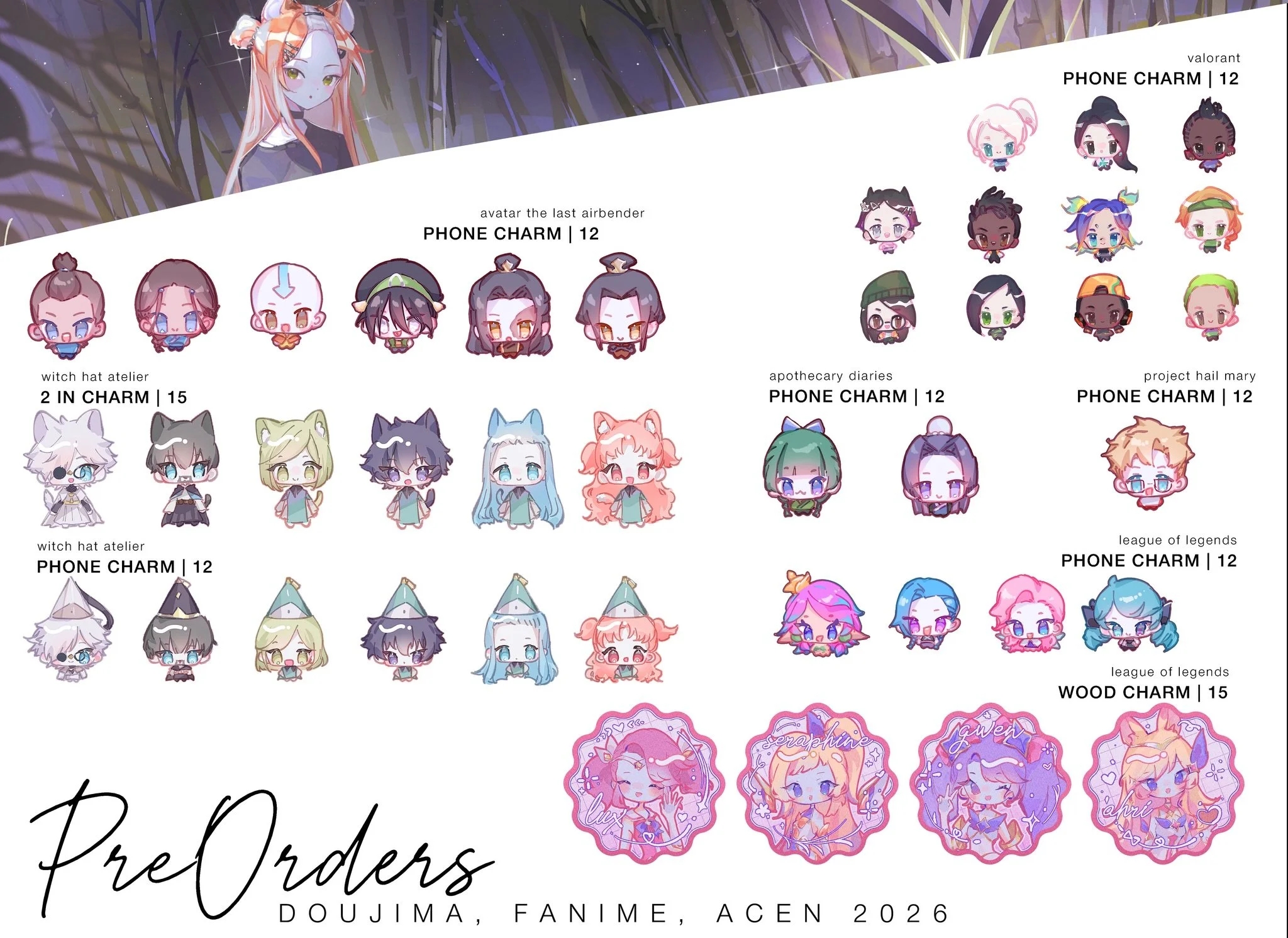 ┊✧ DOUJIMA, ACEN, FANIME PRE-ORDERS ✧┊

🪼witch hat, atla, league, robin/dc, zzz, genshin, nijisanji, fsp, neo-porte, vts...

🪼POs open till 4 days before the event~

🪼 'STARRED' items are PRE-ORDER ONLY items due to travel and table limitations

O