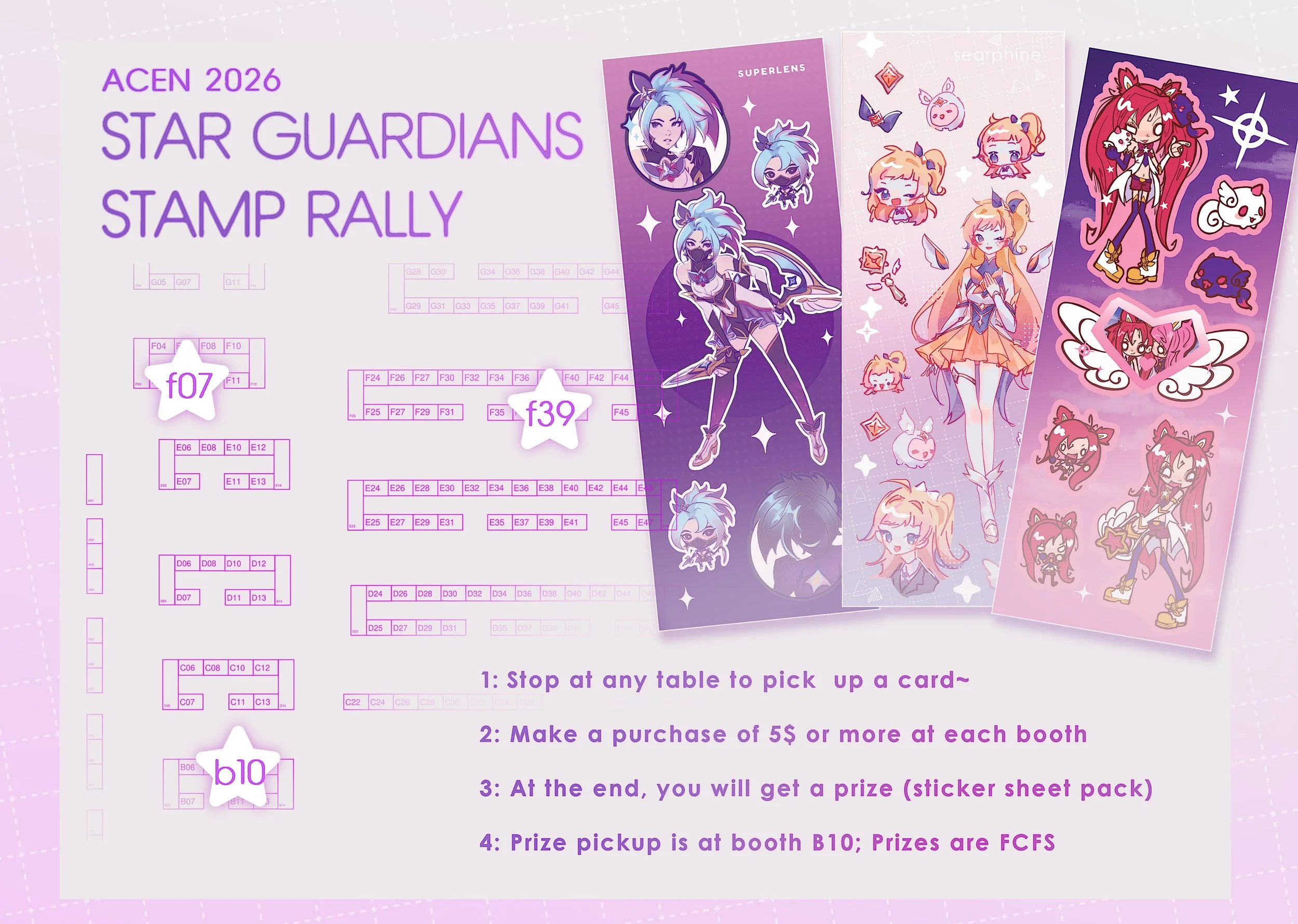 [RT💕] 
⭐️STAR GUARDIAN RALLY⭐️

ACEN | #acen2026
📍Rosemont, Illinois 

⭐️ PARTICIPATING ARTISTS⭐️
┊ ✧ @newcie_ (B10)
┊ ✧ @superlensart (F07)
┊ ✧ @korumiis (F39)

⭐️Stop at any booth to pick up a card~ 
⭐️Fulfill the 5$ stamp requirement for each bo