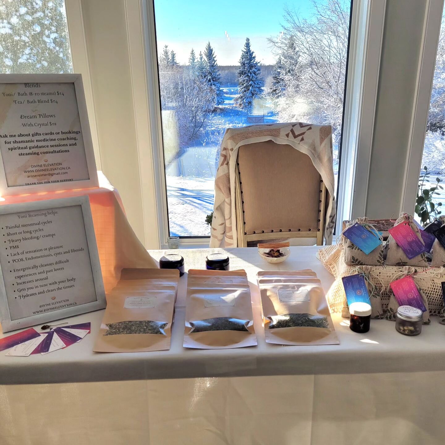 All set up in the cozy winter land @rising.moon.studio for the market today. 

Dream Pillows and herbal blends are all freshly made, smelling beautiful and ready for you take home💞

#yegevent #yegsmallbusiness #supportlocalyeg #herbalmagick #spiritu