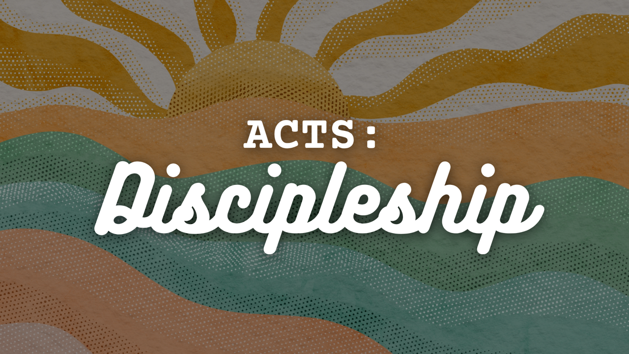 The word "DISCIPLESHIP" in large bold letters on a sign with falling autumn leaves and a street scene in the background.