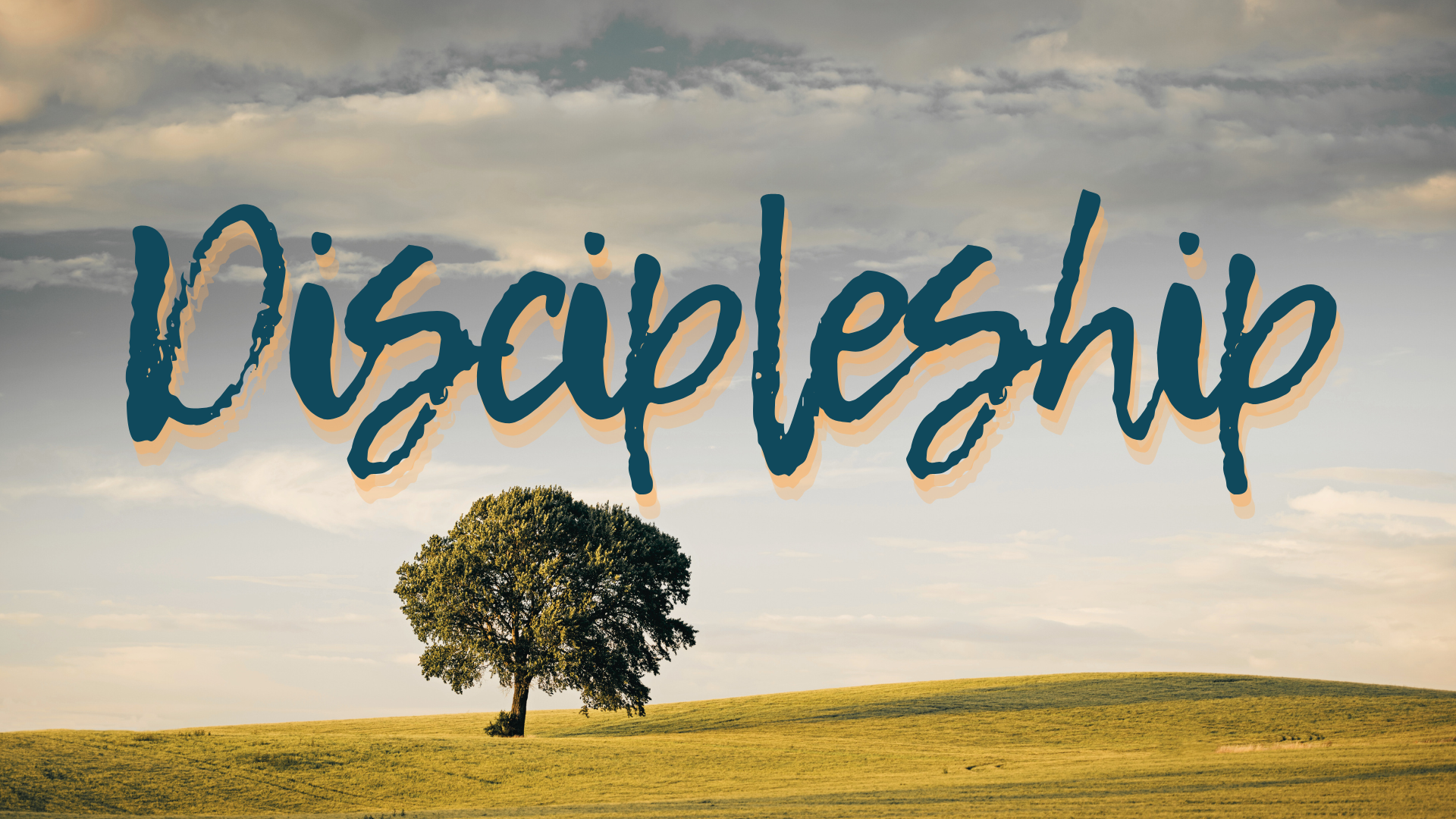 The word "DISCIPLESHIP" in large bold letters on a sign with falling autumn leaves and a street scene in the background.