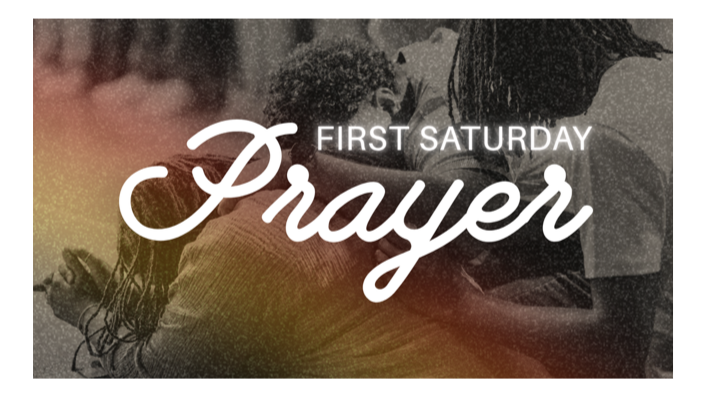 Text reading 'First Saturday Prayer' with a graphic of praying hands on a colorful background.
