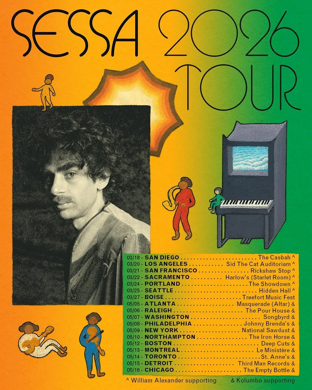 🪘🎹 East Coast + Canada + Midwest dates in 2026 w @sessa.sessa.sessa 

Thrilled to announce Kolumbo will be supporting shows for Sessa for the eastern half of his 2026 Spring US tour. Tickets go on sale this Friday!

5/5 Atlanta @masquerade_atl 
5/6