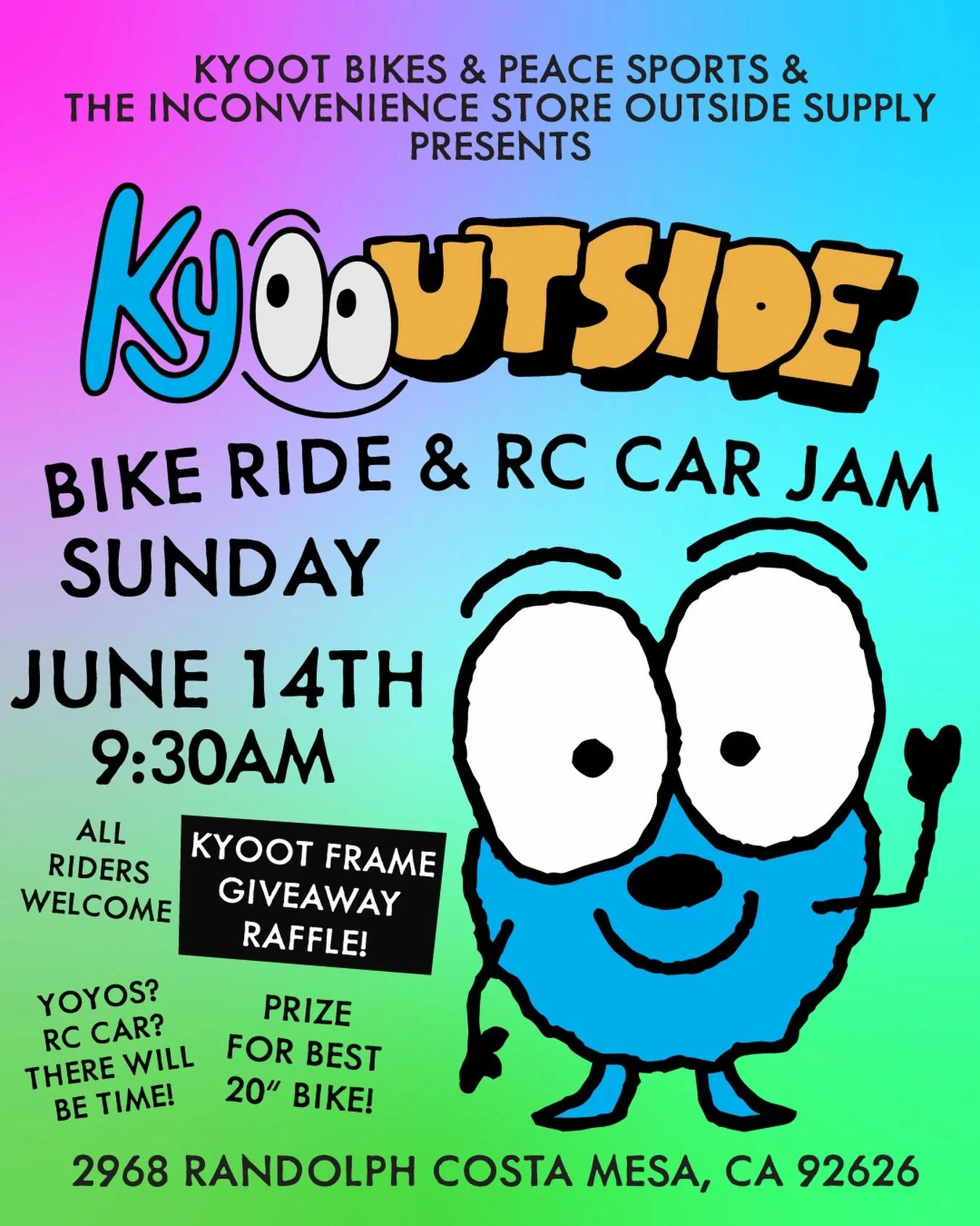 Join us for the first ever Kyootside Bike Ride &amp; RC Car Jam!

Sunday, June 14th at 9:30 AM

Bring your bike, RC car, yoyo, or whatever fun toys you have!

All riders and bikes welcome.

We&rsquo;ll also have:
&bull; Kyoot frame giveaway raffle
&b