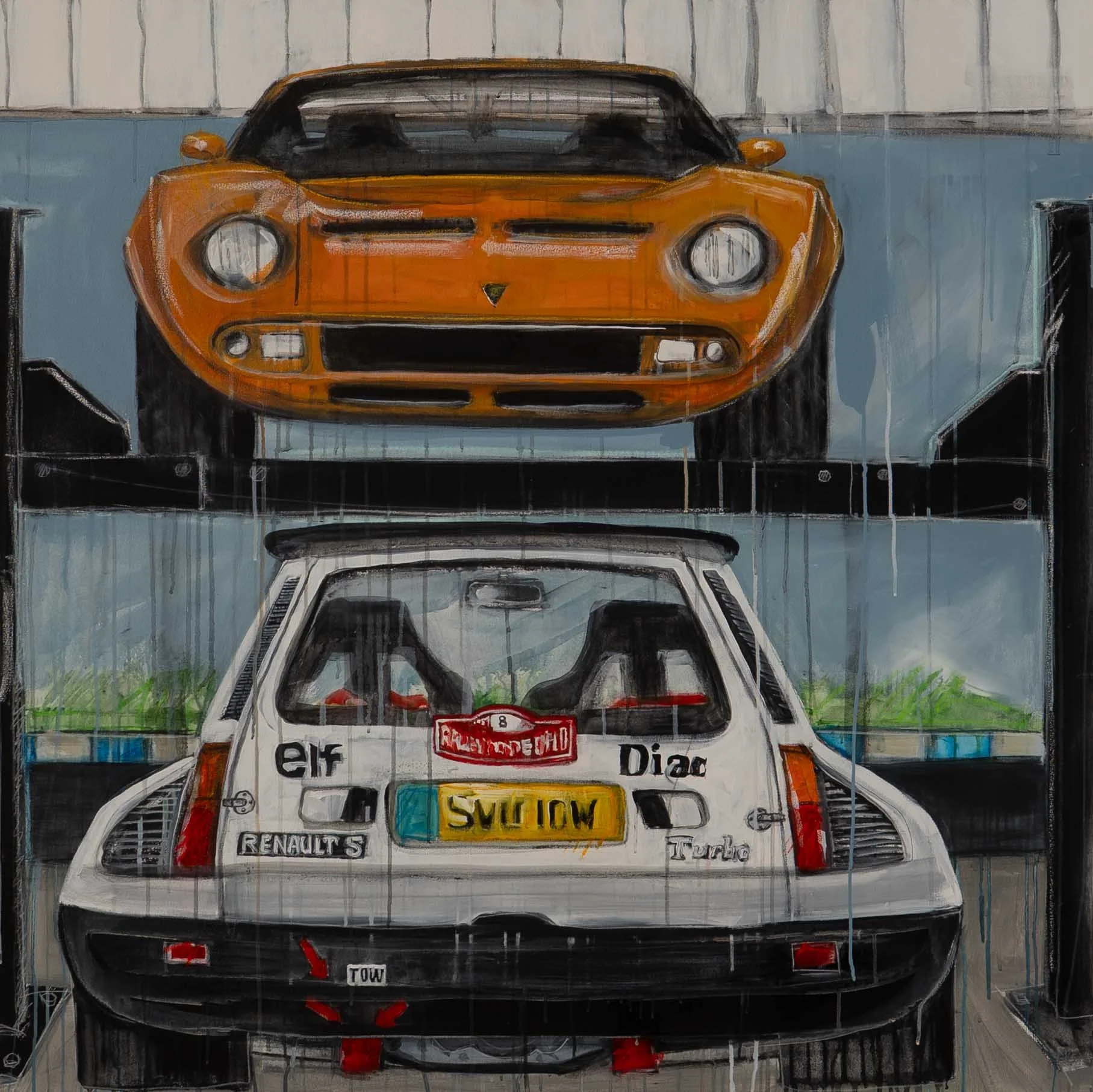  Miura + Renault Turbo 5  
Acrylic, pastel, charcoal on board
48” x 48”