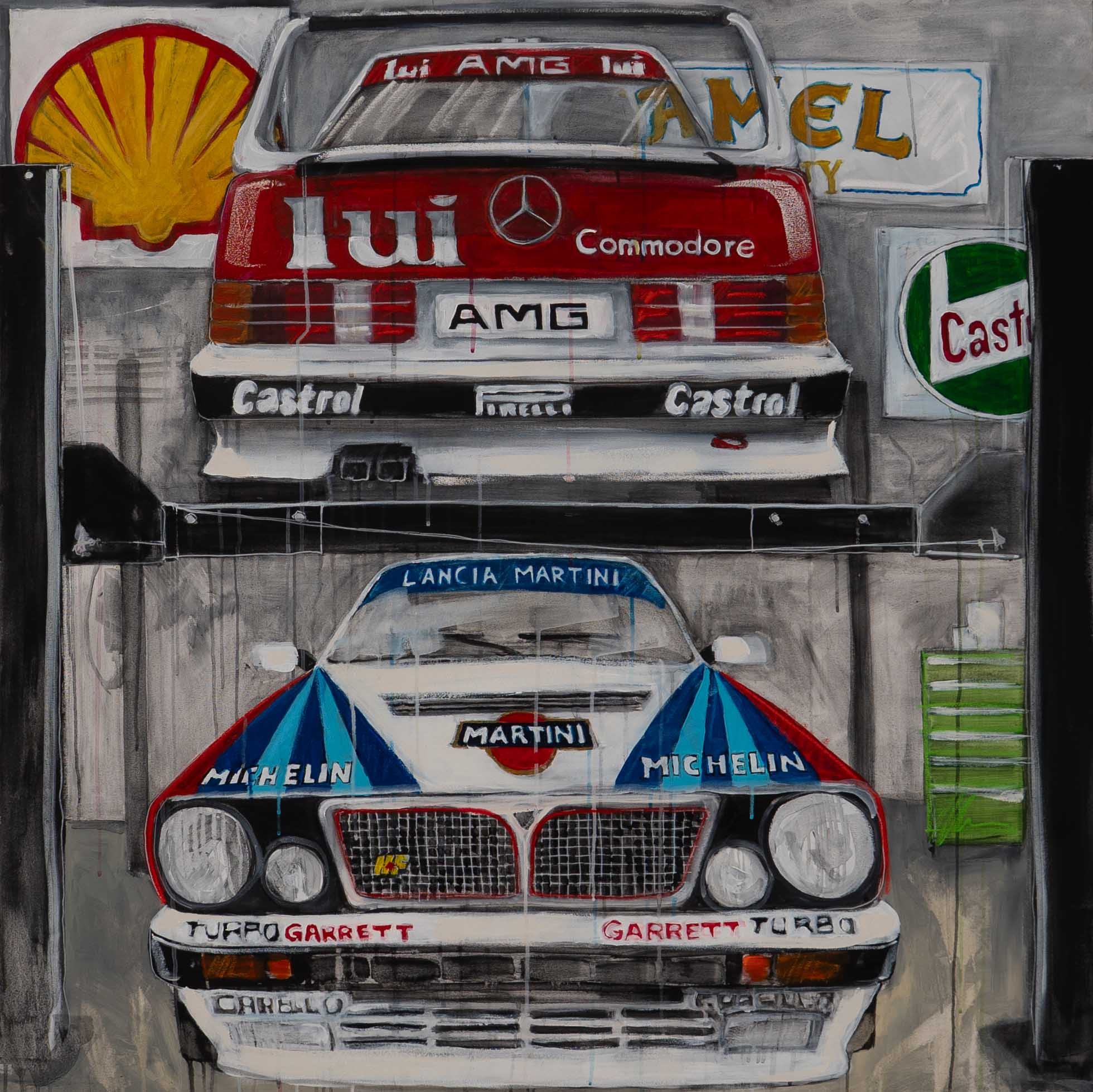  Mercedes + Lancia  
Acrylic, pastel, charcoal on board
48” x 48”