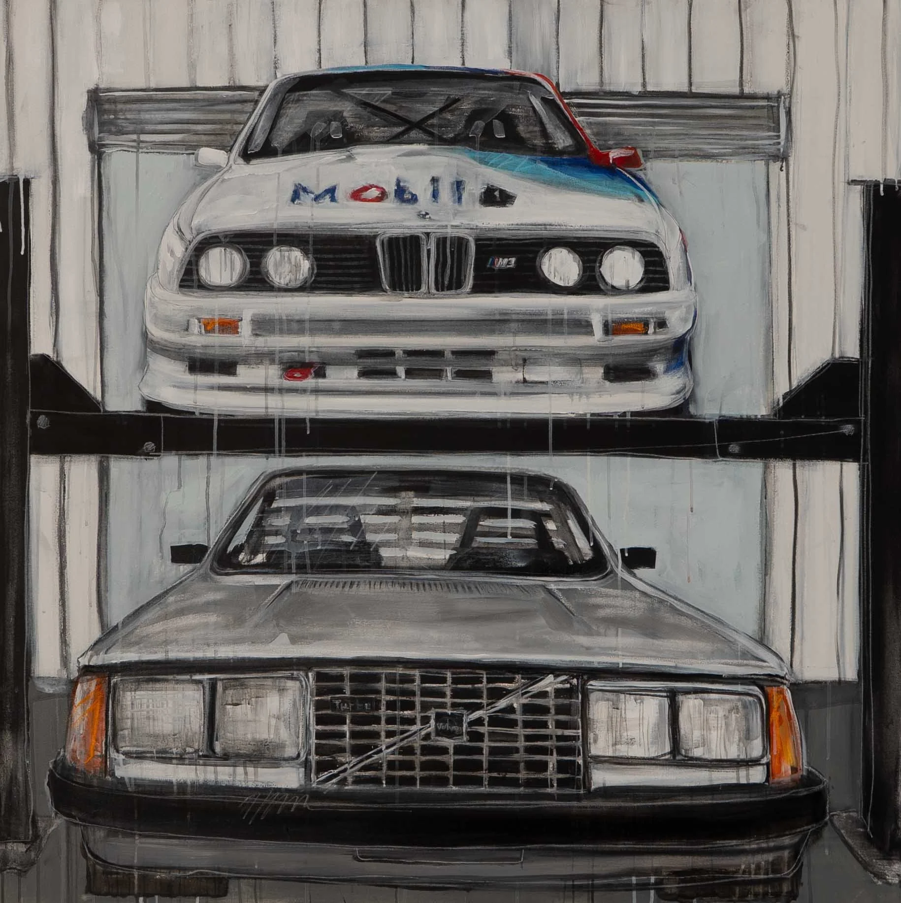  BMW E30 + Volvo 240  
Acrylic, pastel, charcoal on board
48” x 48”