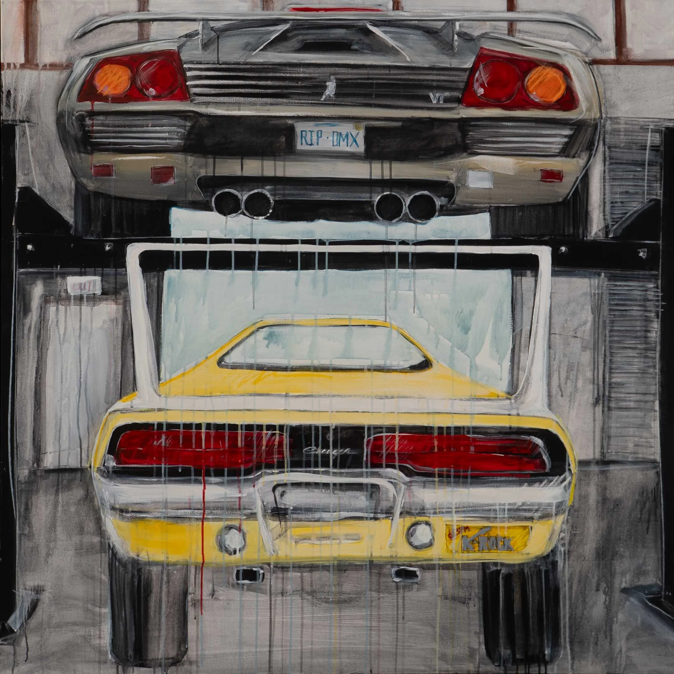  Diablo + Charger  
Acrylic, pastel, charcoal on board
48” x 48”