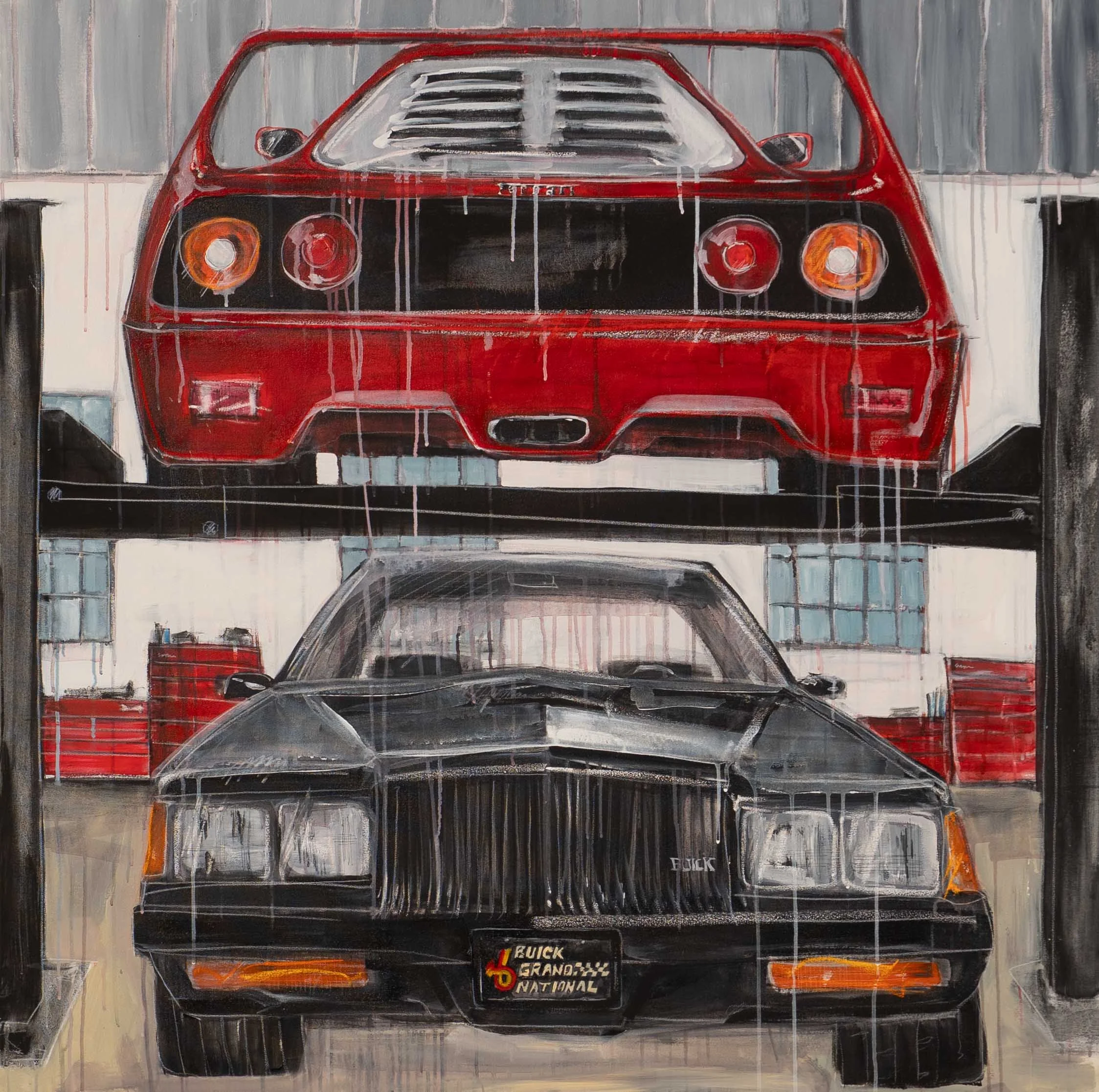  F40 + Grand National  
Acrylic, pastel, charcoal on board
48” x 48”